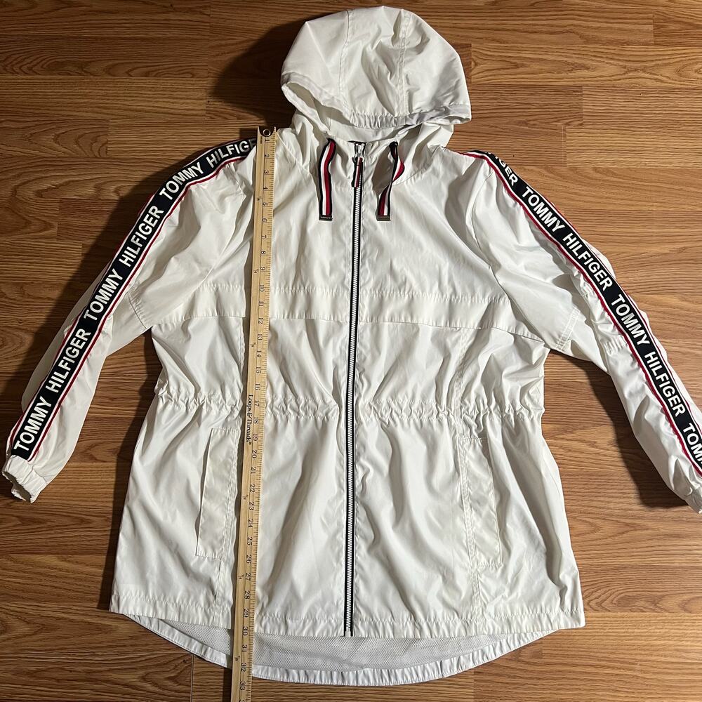Tommy Hilfiger Rain Jacket Womens XL White Hooded Windbreaker Logo Tape Zip Coat - Picture 3 of 11